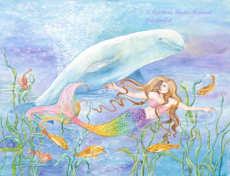 Mermaid art, Mermaid with Rainbow-Colored Tail and Beluga Whale in underwater fantasy scene mermaid art print,8 x 10 art print image 1