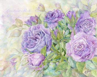 Lavender Roses, Sterling roses, Purple roses, Watercolor Floral art, 8x10 inches art print