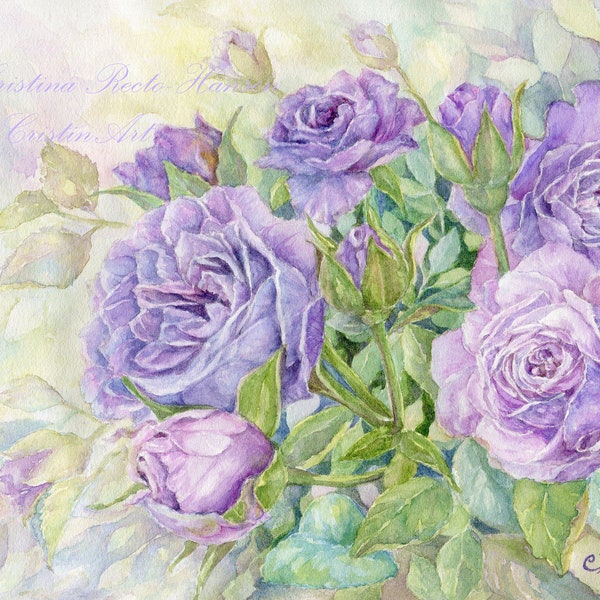 Sale floral art  print with slight border dent, Lavender Roses, Sterling roses, Purple roses, Watercolor Floral art, 8x10 inches art print