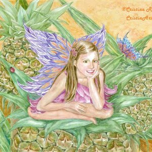 May include: A watercolour painting of a fairy sitting on a pineapple. The fairy has purple wings, blonde hair, and is wearing a pink dress. The pineapple is surrounded by green leaves.