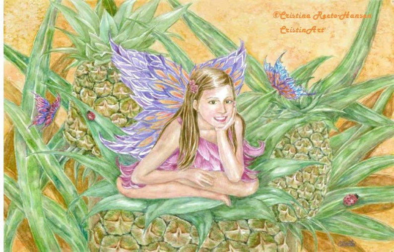 Fairy Art, Pineapple Fairy in Petal Pink Dress sitting on a Pineapple with Butterflies and Ladybugs Fairy art print, 8 x10 art print image 1