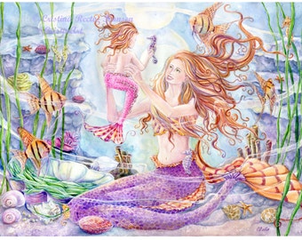 Mermaids Art print, Mother and Child Angel Fish Mermaids with Angel fishes and Seahorses in Coral Reef Scene, 8 x10 art print