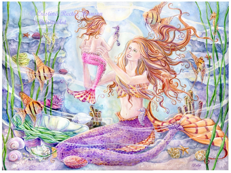 Mermaids Art print, Mother and Child Angel Fish Mermaids with Angel fishes and Seahorses in Coral Reef Scene, 8 x10 art print image 1