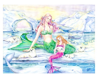 Mermaid Art Print, Arctic Mermaid, Mother and Daughter mermaid,Beluga whale,Baby Harp seals,glaciers, icebergs 11 x 14 in.art print