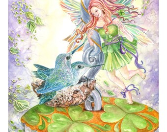 Fairy Art, Irish Fairy, Shamrock Fairy with Hummingbirds, St. Patrick's Day,Nest, Fairy Art print  ,11x 14 art  print