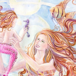 Mermaids Art print, Mother and Child Angel Fish Mermaids with Angel fishes and Seahorses in Coral Reef Scene, 8 x10 art print image 2