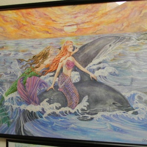 Mermaid Art, Purple, Green Mermaids and Dolphins Riding Waves Mermaid Art Print , 8 x 10 art print image 4