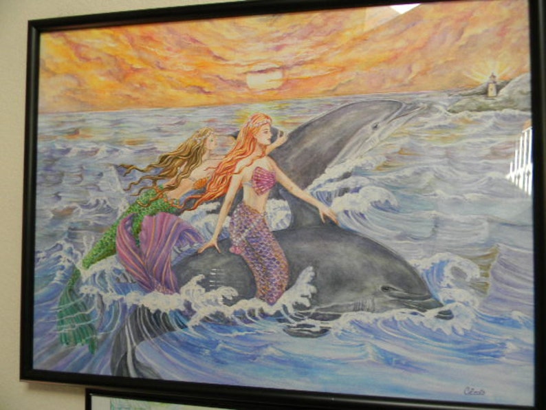 Mermaid Art, Purple, Green Mermaids and Dolphins Riding Waves Mermaid Art Print , 8 x 10 art print image 4