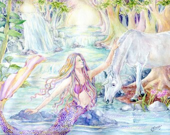 Mermaid Art print,  Mermaid and Unicorn, Forest lagoon, mermaid cove, 8x10 inches art print