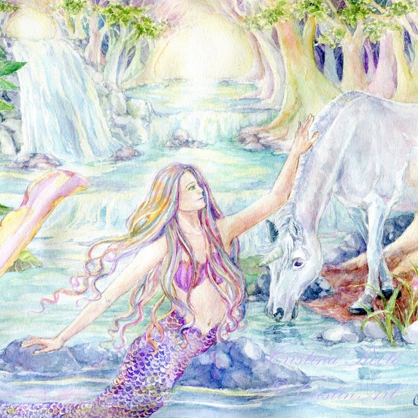 Mermaid Art print,  Mermaid and Unicorn, Forest lagoon, mermaid cove, 8x10 inches art print