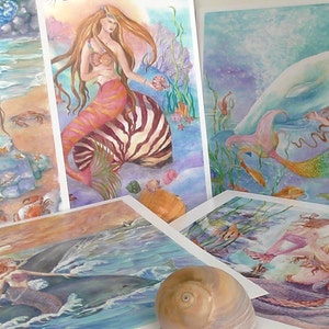 Mermaid Art Prints Set of 5 prints, 6 x8 inches each print, Mermaid Prints Set, Fantasy Art, Wall art image 3