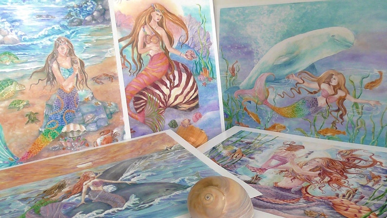 Mermaid Art Prints Set of 5 prints, 6 x8 inches each print, Mermaid Prints Set, Fantasy Art, Wall art image 3