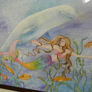 Mermaid art, Mermaid with Rainbow-Colored Tail and Beluga Whale in underwater fantasy scene mermaid art print,8 x 10 art print image 4