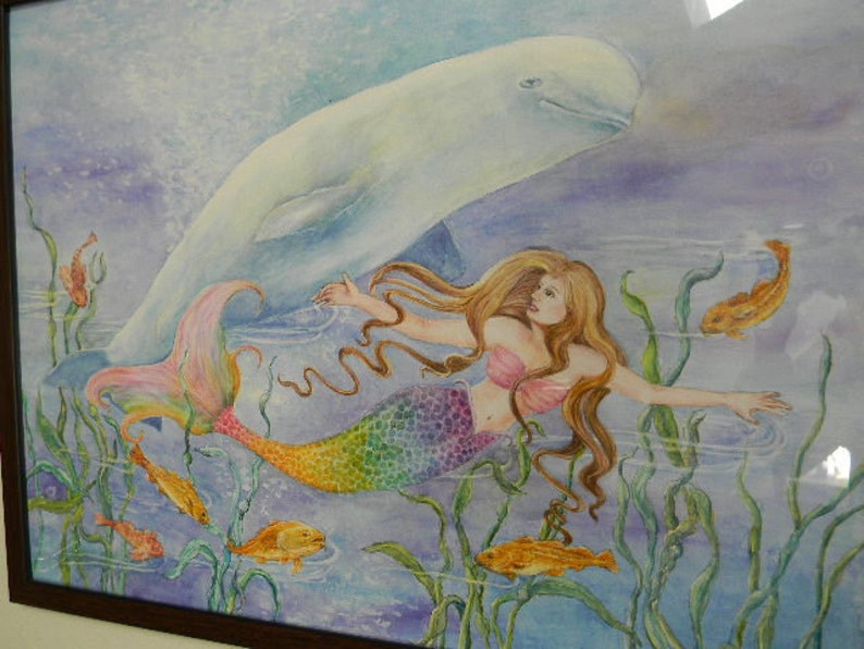 Mermaid art, Mermaid with Rainbow-Colored Tail and Beluga Whale in underwater fantasy scene mermaid art print,8 x 10 art print image 4