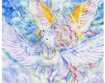 Angel Art, Unicorn Art, Star-Bearer Angel with Unicorn, Pegasus, Pegacorn, Rainbow, Angel Art print  ,11 x 14inches art  print