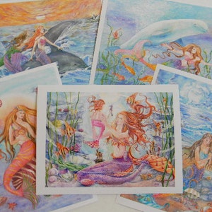 Mermaid Art Prints Set of 5 prints, 6 x8 inches each print, Mermaid Prints Set, Fantasy Art, Wall art image 1