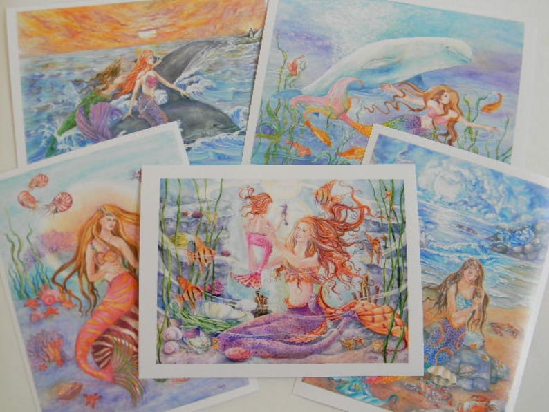 Mermaid Art Prints Set of 5 prints, 6 x8 inches each print, Mermaid Prints Set, Fantasy Art, Wall art image 1