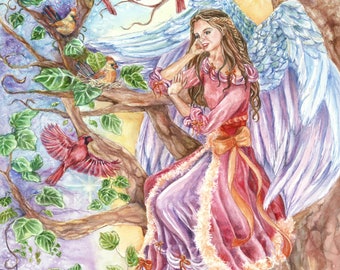 Angel Art in Victorian Burgundy Gown in Tree with Red Cardinals and Nest Angel Art Print,8x10 art  print