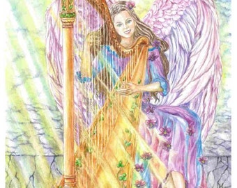 Angel Art, Angel Purple, Blue, Gold Playing a Golden Orchestral Harp angel art print, 8x10 art photo print
