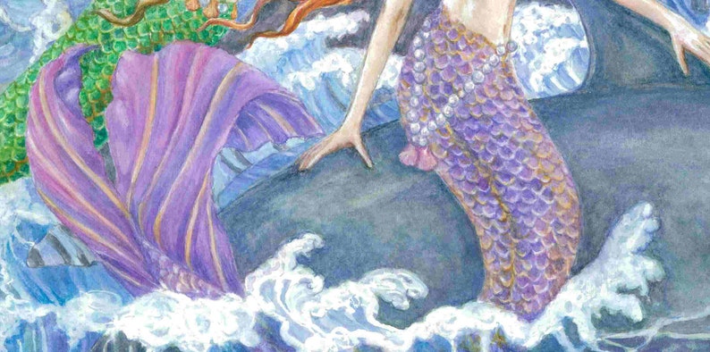 Mermaid Art, Purple, Green Mermaids and Dolphins Riding Waves Mermaid Art Print , 8 x 10 art print image 3