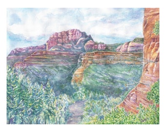 Sedona, Arizona, watercolor art print, landscape art, red rocks, red cliffs, 8 x 10 in art print