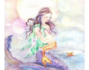 Mermaid Art print,Mother and Child Mermaid,Violet Tail,Baby Mermaid,Golden Tail, Sea Urchin,Seashells, Starfish, 8 x10 art print