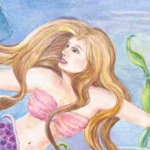 Mermaid art, Mermaid with Rainbow-Colored Tail and Beluga Whale in underwater fantasy scene mermaid art print,8 x 10 art print image 2