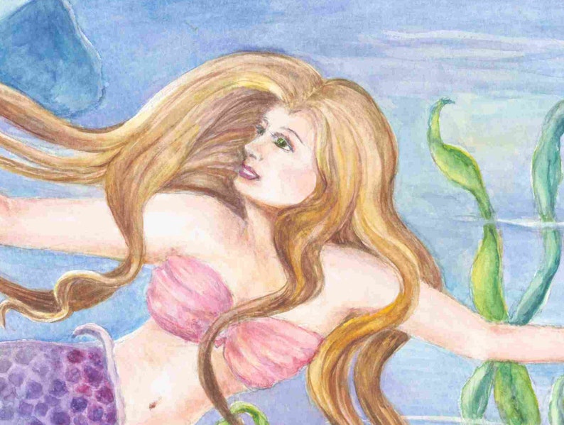 Mermaid art, Mermaid with Rainbow-Colored Tail and Beluga Whale in underwater fantasy scene mermaid art print,8 x 10 art print image 2