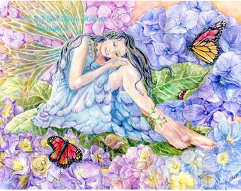 Fairy Art, Hydrangea Fairy with Monarch butterflies, lady bug and garden snail, Fairy Art print  ,11x 14 art  print