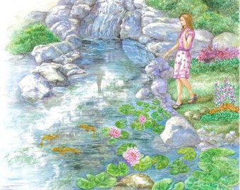 Girl in  Pink Dress by a Pond with Waterfall and Goldfishes art print,  11 x 14 art print