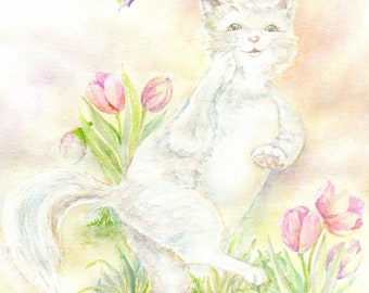 Digital downloadable cat watercolor art, cat dance, cat painting, tulips, cat with tulips, cat shuffle