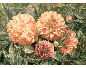 Dahlia Flowers Art Print, Peach Dahlias, Orange -Pink Dahlias, Floral and Flowers  10x14 inches  art print to fit 11x14 frame