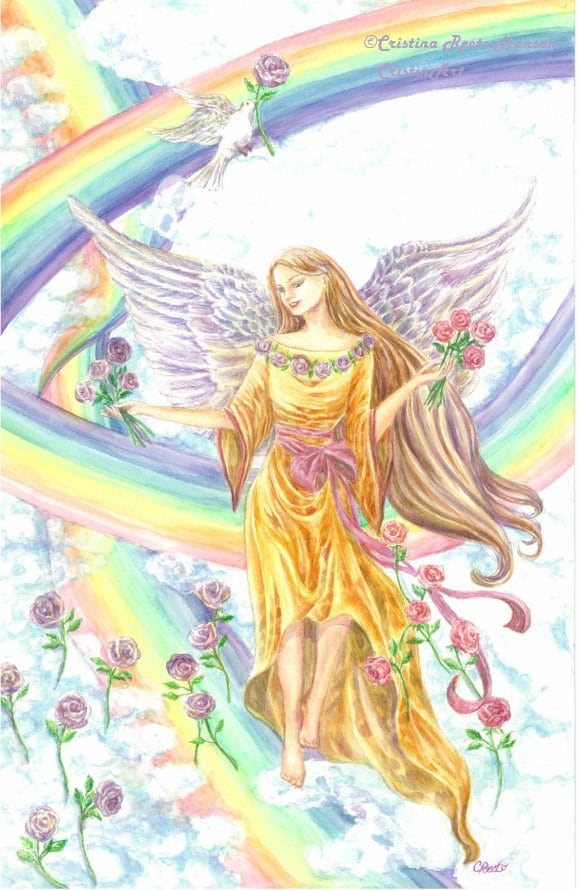Angel Art, Angel Sitting on a Rainbow With Twisted Rainbows and