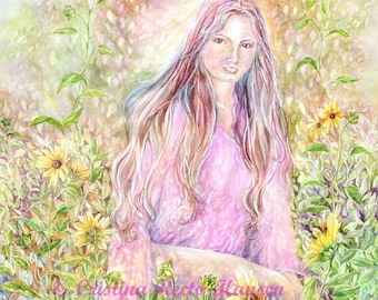 Fairy Art,Sunflower Fairy Maiden, Sunflower Field,Fairy Art print  ,8 x10 Fairy Art  print