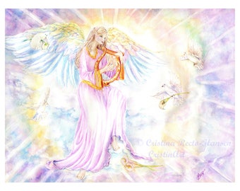 Angel Art, Glow Angel, Angel Playing Lyre,Harp, with Doves,Calla Lillies , Angel Art print  ,11x 14 art  print