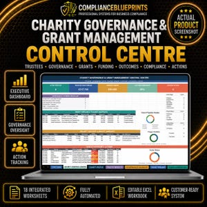 May include: A laptop screen displaying the Charity Governance & Grant Management Control Centre, an Excel workbook with an executive dashboard, grant pipeline, funding snapshot, project delivery metrics, and action tracking tables.