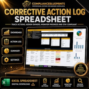 Puede incluir: Una hoja de cálculo digital Corrective Action Log mostrada en la pantalla de una computadora portátil. La interfaz incluye un panel con gráficos, tablas de estado y listas de acciones. El texto incluye COMPLIANCEBLUEPRINTS, CORRECTIVE ACTION LOG SPREADSHEET y EXCEL SPREADSHEET.