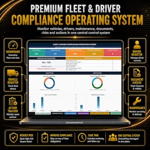 Könnte beinhalten: Ein Laptop-Bildschirm zeigt das Dashboard des Premium Fleet & Driver Compliance Operating System. Die Benutzeroberfläche enthält Datenvisualisierungen, darunter Balkendiagramme, Kreisdiagramme und Statustabellen für das Flottenmanagement.