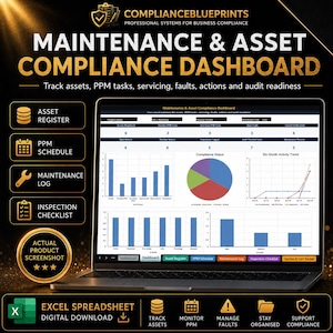 Puede incluir: Un portátil muestra un panel de control de cumplimiento de mantenimiento y activos. La pantalla muestra gráficos y diagramas que rastrean activos, tareas PPM y preparación para auditorías. Incluye iconos para registro de activos, programación PPM, registro de mantenimiento y lista de verificación de inspección. Texto: "Descarga digital de hoja de cálculo Excel."