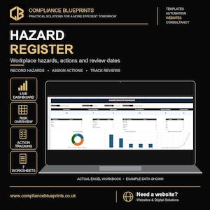 May include: A digital hazard register dashboard displayed on a laptop screen, featuring data tables, a pie chart, and bar graphs for tracking workplace hazards, actions, and review dates. The interface includes sections for live dashboard, risk overview, and action tracking.