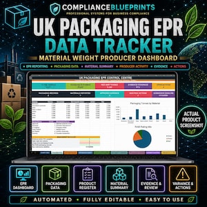 May include: A digital dashboard displayed on a laptop screen titled UK Packaging EPR Data Tracker. The interface features tables, a bar chart, and a pie chart for material weight tracking, surrounded by neon-style icons and text labels.