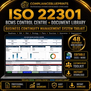Può includere: Un portatile che mostra una dashboard ISO 22301 BCMS Control Centre con metriche di performance, grafici e tabelle. L'immagine include il testo ComplianceBlueprints, 48 documenti Word modificabili e icone Excel e Word su uno sfondo nero.
