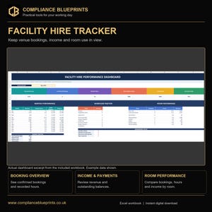 Facility Hire Booking Tracker Excel Template: Venue Income Dashboard (Digital Download)