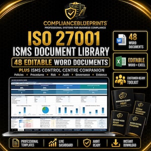 以下が含まれることがあります： ISO 27001 ISMSドキュメントライブラリのデジタル製品表示。48個の編集可能なWordドキュメント、ノートパソコン画面上のISMSコントロールセンターダッシュボード、Word、Excel、およびすぐに使えるツールキットのアイコンが金色のテキストで配置されています。