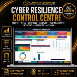 May include: A laptop displaying the Cyber Resilience Control Centre dashboard, featuring data tables, bar charts, and a risk heat map. The screen shows metrics for assets, risks, controls, backups, vulnerabilities, incidents, suppliers, and actions.
