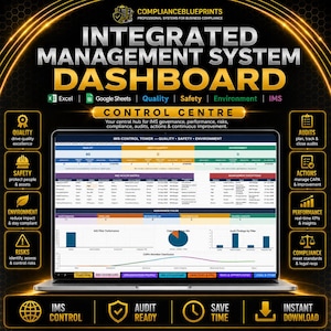 Op de afbeelding: Een laptopscherm met een dashboard voor een geïntegreerd managementsysteem met gegevenstabellen, grafieken en statistieken voor kwaliteit, veiligheid en milieu, omlijst door goudkleurige lichtgevende randen en diverse navigatietabbladen.