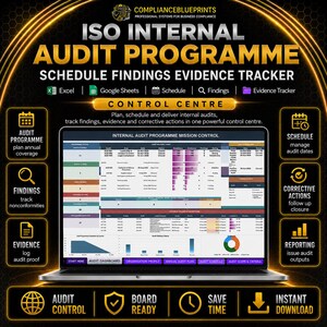 Könnte beinhalten: Ein digitales ISO-Programm für interne Audits auf einem Laptop-Bildschirm. Die Benutzeroberfläche enthält Bereiche für den Audit-Status, Ergebnisse, Nachweise und Korrekturmaßnahmen mit Diagrammen zur Verfolgung von Daten.