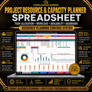 May include: A digital project resource and capacity planner spreadsheet displayed on a laptop screen. The interface features a dashboard with data tables, a pie chart, bar graphs, and line charts. Text includes Project Resource & Capacity Planner Spreadsheet, Team Allocation, Workload, Availability, Dashboard, and Resource Planning Control System.