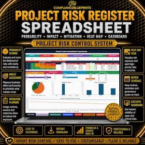 Op de afbeelding: Een digitaal projectrisicoregister-spreadsheet weergegeven op een laptopscherm. Het dashboard bevat een risicobeheerinterface met grafieken, tabellen en statistieken, waaronder waarschijnlijkheid, impact, mitigatie en heat map-gegevens.