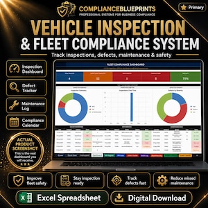 May include: A laptop screen displays a vehicle inspection and fleet compliance system dashboard. The dashboard shows inspection summaries, defect trackers, and maintenance logs. Text includes "Vehicle Inspection & Fleet Compliance System" and "Excel Spreadsheet."